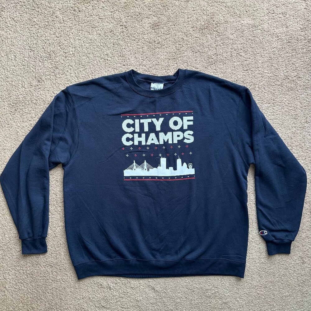Champion Sweater Mens 2XL Crewneck Pullover Navy Blue City of Champs Boston